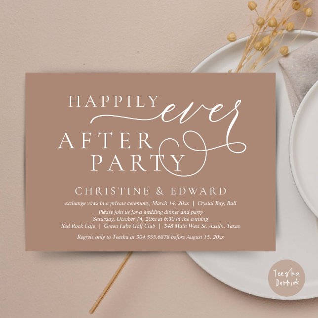 Invitation Dîner mariage Elopement, Heureusement Jamais Après (Wedding Elopement Dinner, Happily Ever After Party Invitation Card, PDF, in taupe)