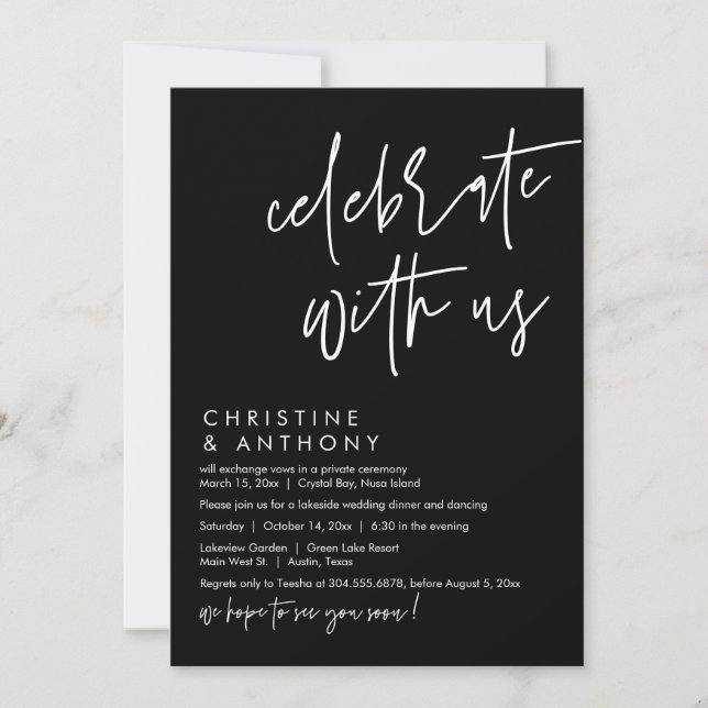 Invitation Dîner mariage Elopement, Script Décontracté modern (Devant)