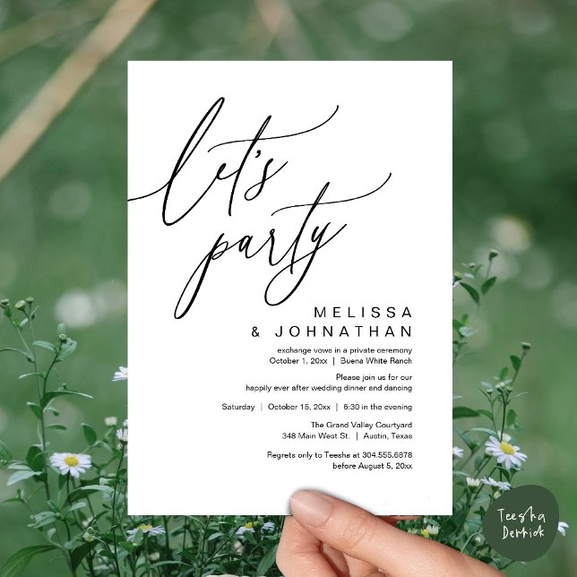 Invitation Dîner Mariage romantique, Fête (Let's Party, Romantic Charm Wedding Dinner Dancing Lunch Brunch Invitation Card PDF White Black)