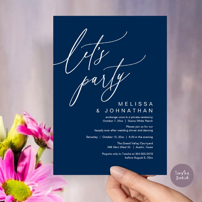 Invitation Dîner Mariage romantique, Fête (Let's Party, Romantic Charm Wedding Dinner Dancing Lunch Brunch Invitation Card PDF Navy Blue)