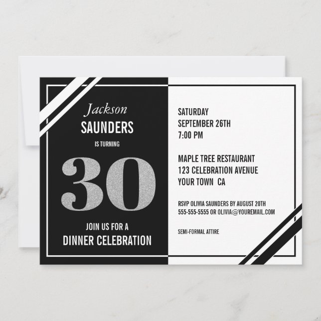 Invitation Dîner moderne noir et blanc 30e anniversaire (Devant)
