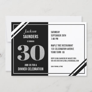 Invitation Dîner moderne noir et blanc 30e anniversaire