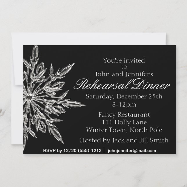 Invitation Dîner noir argenté de répétition d'hiver de flocon (Devant)