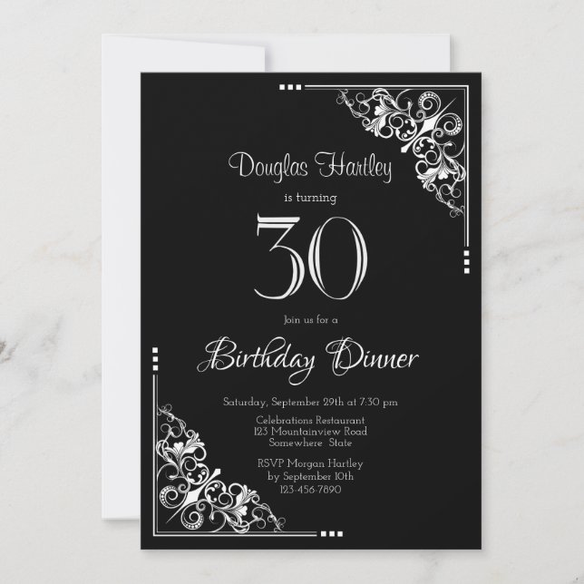 Invitation Dîner noir et blanc 30e anniversaire (Devant)