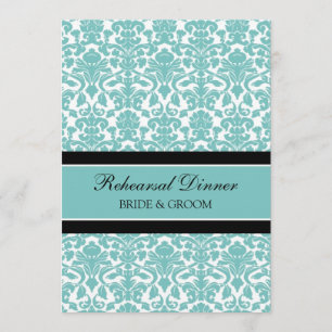 Invitation Dîner noir turquoise de répétition de damassé