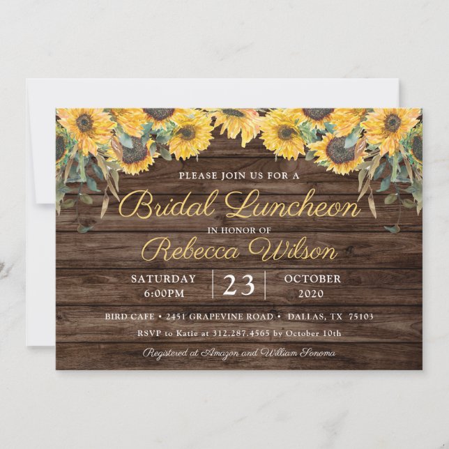 Invitation Dîner nuptial rustique de tournesol en bois (Devant)