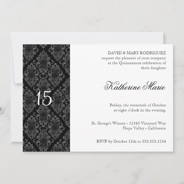 Invitation Dîner officiel de répétition noir blanc sur Damas  (Devant)