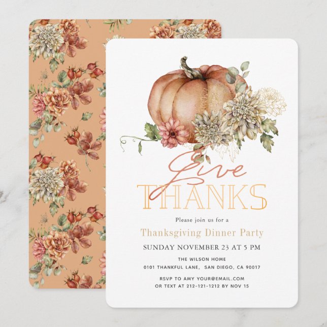 Invitation Dîner Orange Floral Citrouille Thanksgiving (Devant / Derrière)