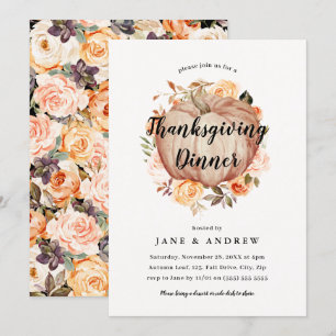 Invitation Dîner Orange Floral Citrouille Thanksgiving