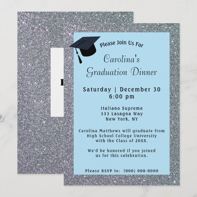 Invitation Dîner Parties scintillant Argent Léger Bleu Gradua (Devant / Derrière)