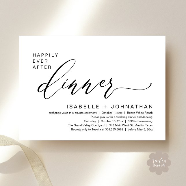 Invitation Dîner Romantique de Mariage Heureux à Jamais Fête  (Romantic Modern Happily Ever After Party Elopement Dinner Invitation Card PDF in Classy Black White)