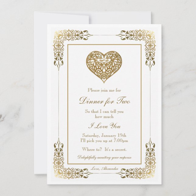 Invitation Dîner romantique en dentelle d'or élégant pour deu (Devant)