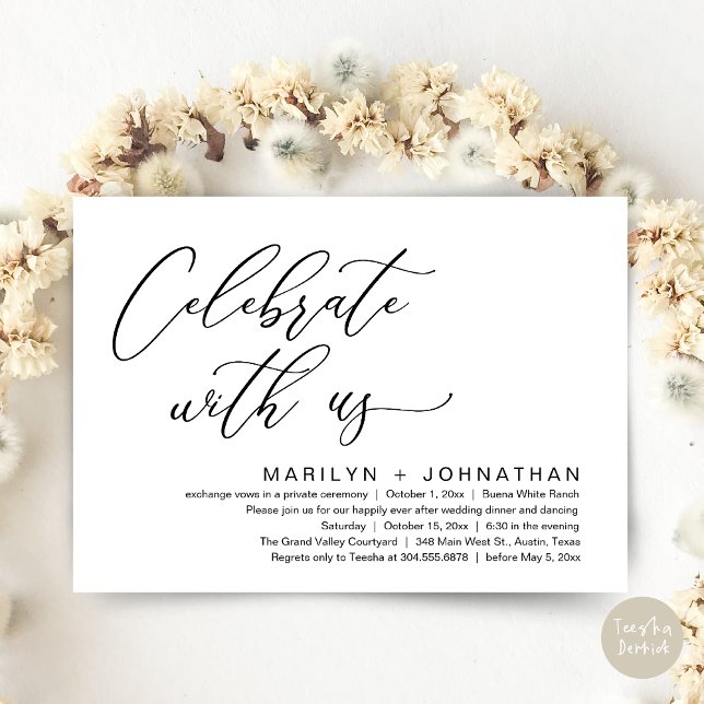 Invitation Dîner romantique Mariage, Célébrez avec nous (Celebrate with us, Romantic Wedding Dinner Brunch Party Invites Card PDF Modern Classy White Black)