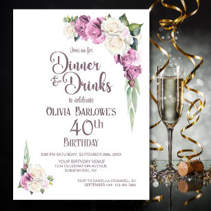 Invitation Dîner rose blanc floral et boissons 40e anniversai