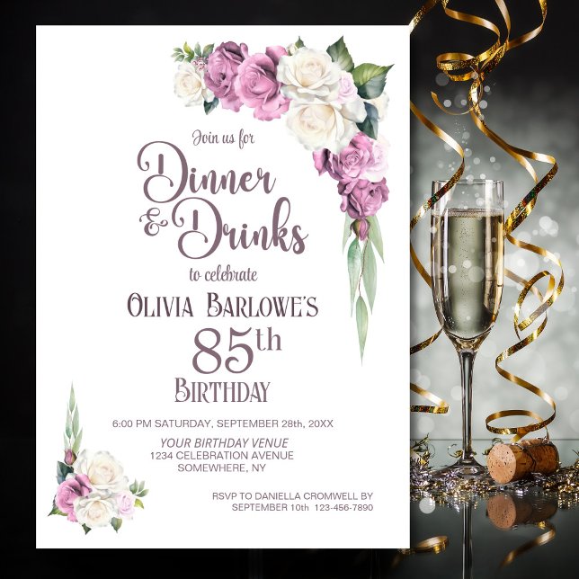 Invitation Dîner rose blanc floral et boissons 85e anniversai (Créateur téléchargé)