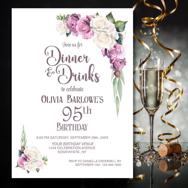 Invitation Dîner rose blanc floral et boissons 95e anniversai (Créateur téléchargé)
