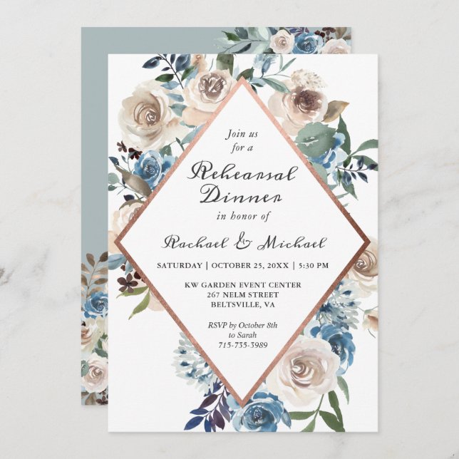 Invitation Dîner Rustique Boho Dusty Blue Floral (Devant / Derrière)