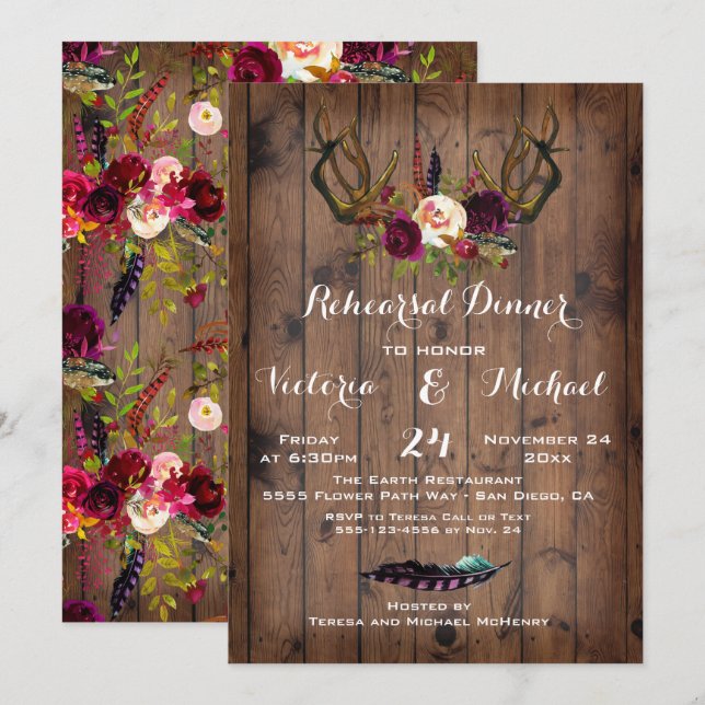 Invitation Dîner Rustique de répétition Boho avec Antlers flo (Devant / Derrière)