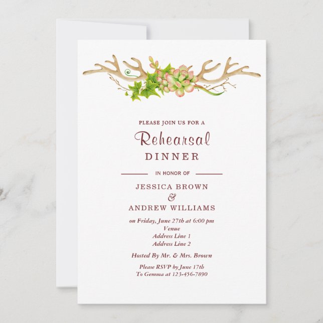 Invitation Dîner rustique de répétition d'andouillers et de (Devant)