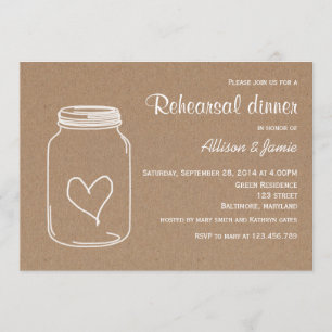 Invitation Dîner rustique de répétition de coeur de Masonjar
