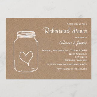 Invitation Dîner rustique de répétition de coeur de Masonjar