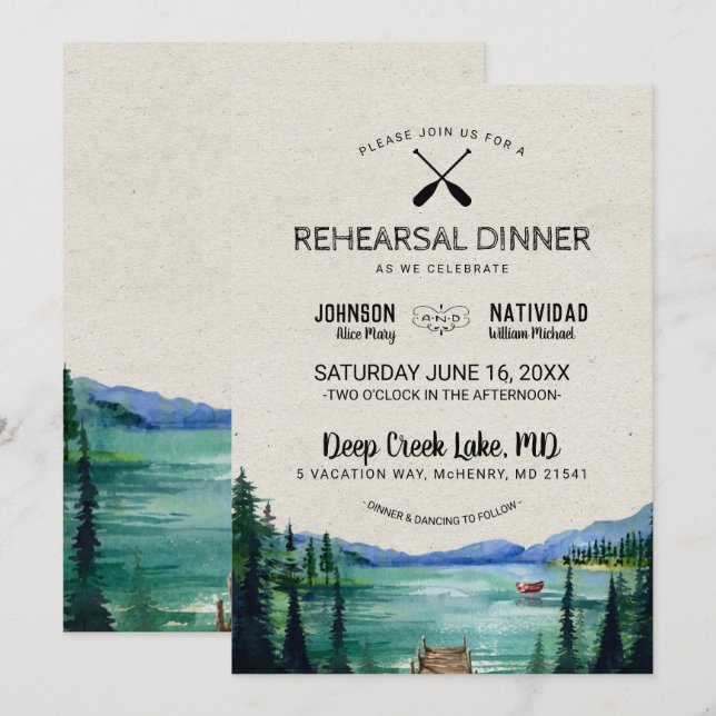 Invitation Dîner Rustique De Répétition Mariage Lakeside (Devant / Derrière)