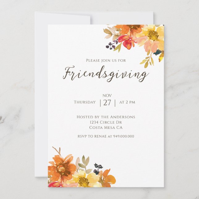 Invitation Dîner Rustique Floral Friendsgiving (Devant)