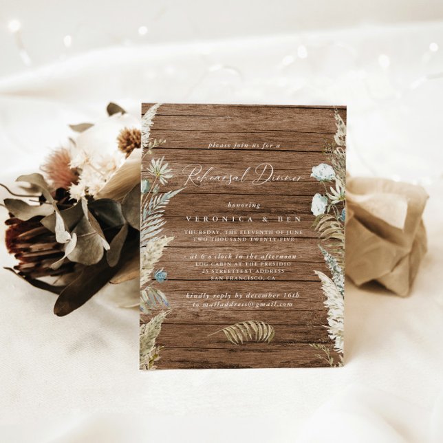 Invitation Dîner Rustique Séché Vert & Bois (Rustic Dried Greenery & Wood Rehearsal Dinner Invitation)