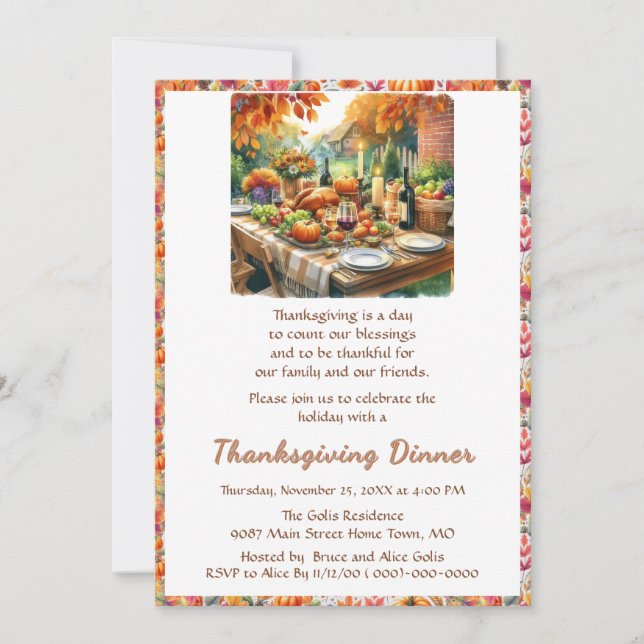 Invitation Dîner Rustique Thanksgiving Famille amis (Devant)