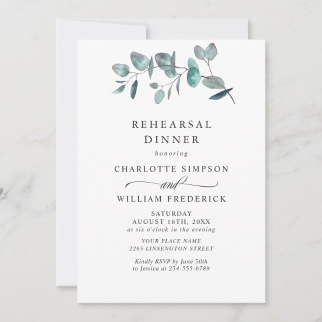 Invitation Dîner simple et élégant de répétition Eucalyptus (Devant)
