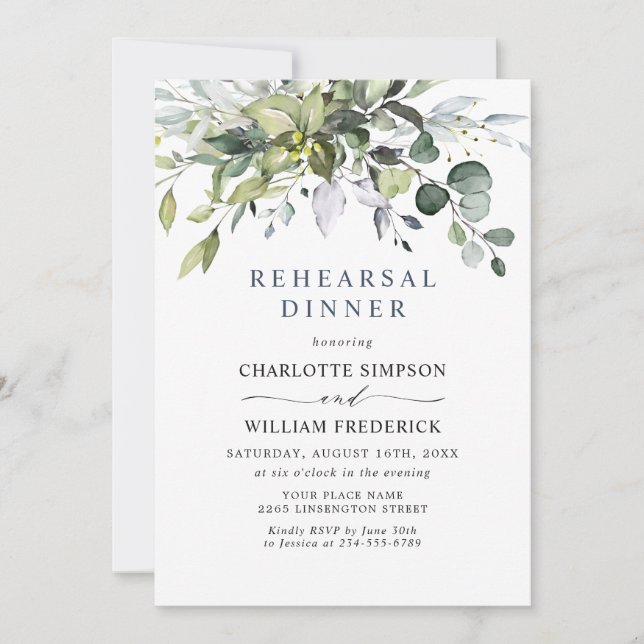 Invitation DÎNER Simplement Élégant Eucalyptus REHEARSAL (Devant)