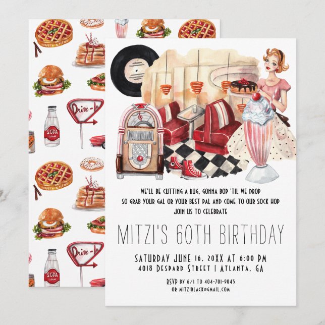 Invitation Diner Sock Hop Anniversaire des années 50 (Devant / Derrière)