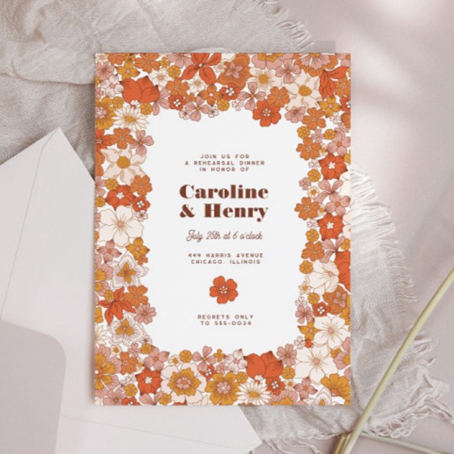 Invitation Dîner super Retro Rose Orange Floral (Créateur téléchargé)