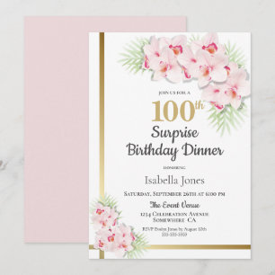 Invitation Dîner surprise pour les 100 ans Orchidée rose mode