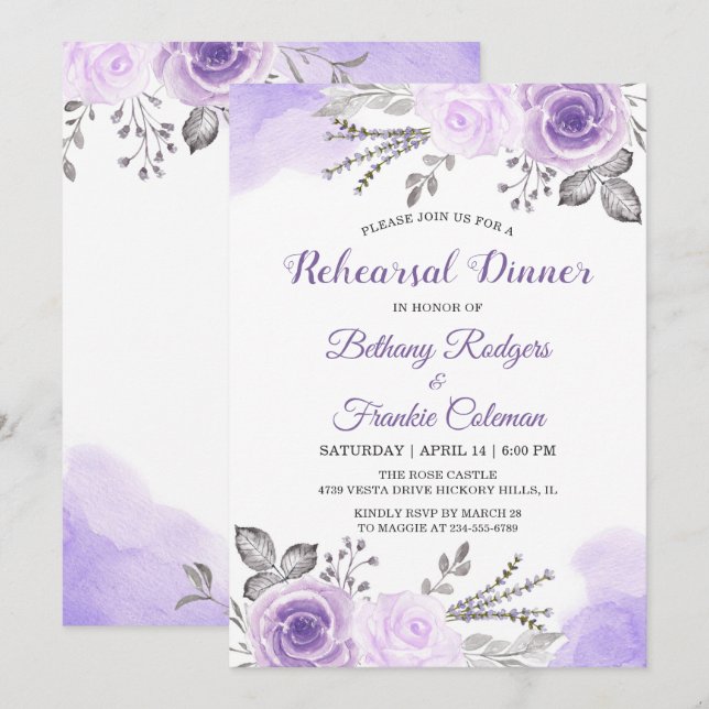 Invitation Dîner tendance Pastel Purple Floral Chic Rehearsal (Devant / Derrière)