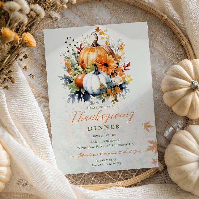 Invitation Dîner Thanksgiving Aquarelle Citrouilles floraux (Créateur téléchargé)