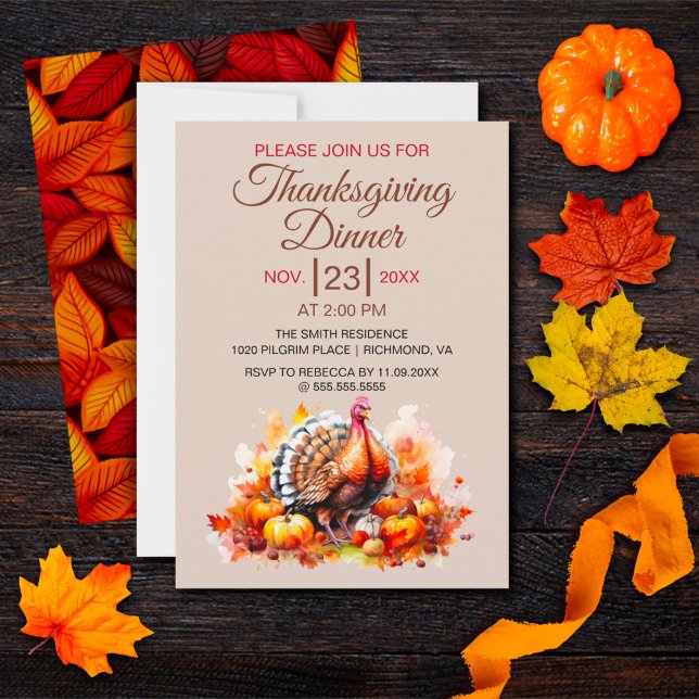 Invitation Dîner Thanksgiving Aquarelle Turquie, Citrouille (Créateur téléchargé)