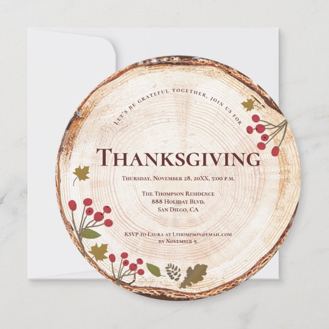Invitation Dîner Thanksgiving Bois rustique Feuilles d'automn (Devant)