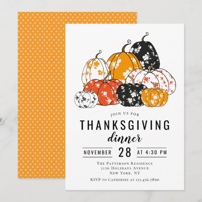 Invitation Dîner Thanksgiving Citrouilles floraux modernes (Devant / Derrière)