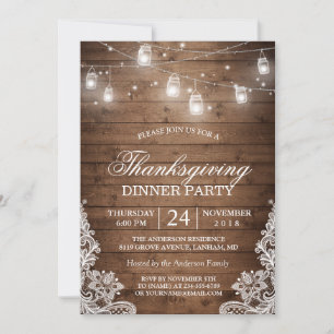 Invitation Dîner Thanksgiving Dîner Rustique Bois String Lumi