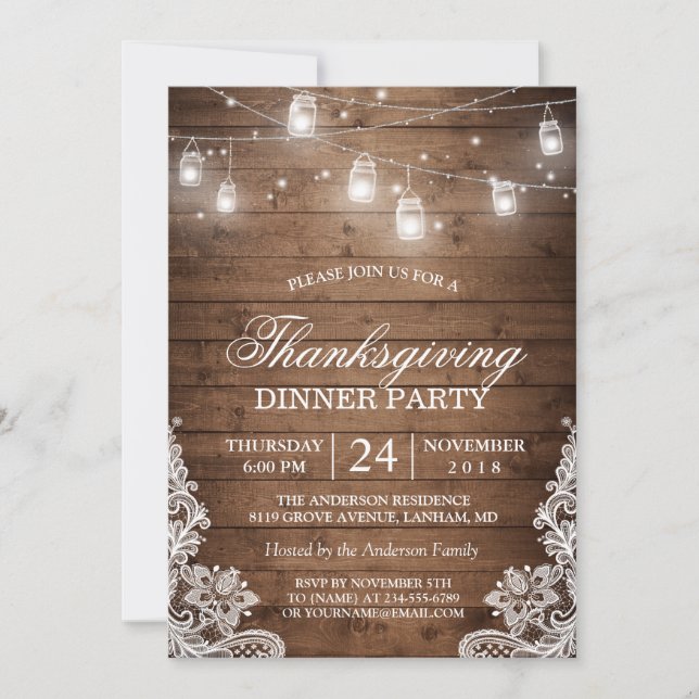 Invitation Dîner Thanksgiving Dîner Rustique Bois String Lumi (Devant)
