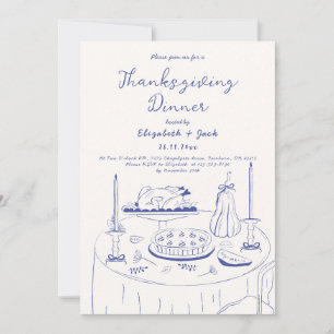 Invitation Dîner Thanksgiving Doodle Blue & Cream à la main