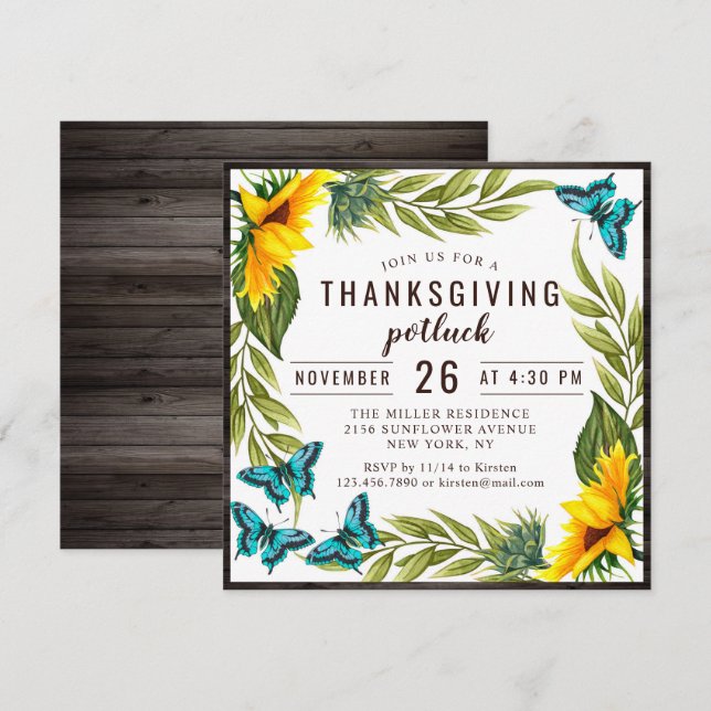 Invitation Dîner Thanksgiving Potluck Aquarelle Sunflowers (Devant / Derrière)