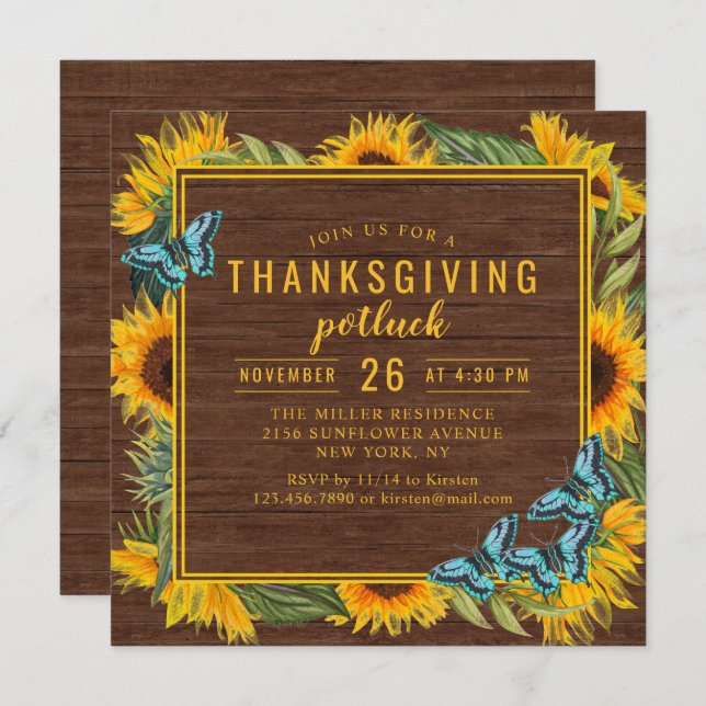 Invitation Dîner Thanksgiving Potluck Aquarelle Sunflowers (Devant / Derrière)