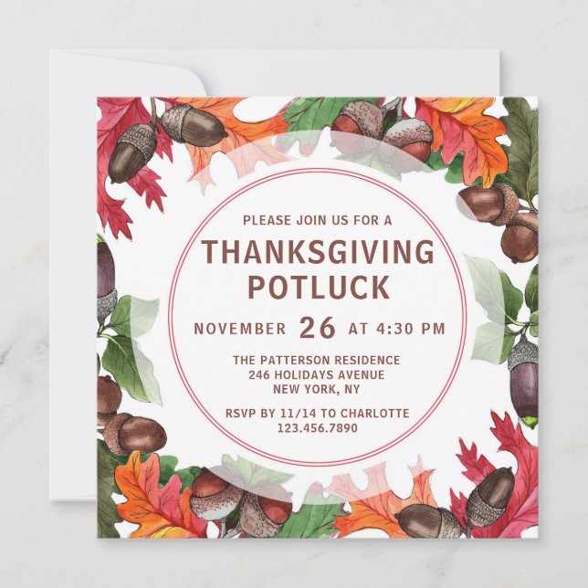 Invitation Dîner Thanksgiving Potluck Automne Aquarelle Flora (Devant)