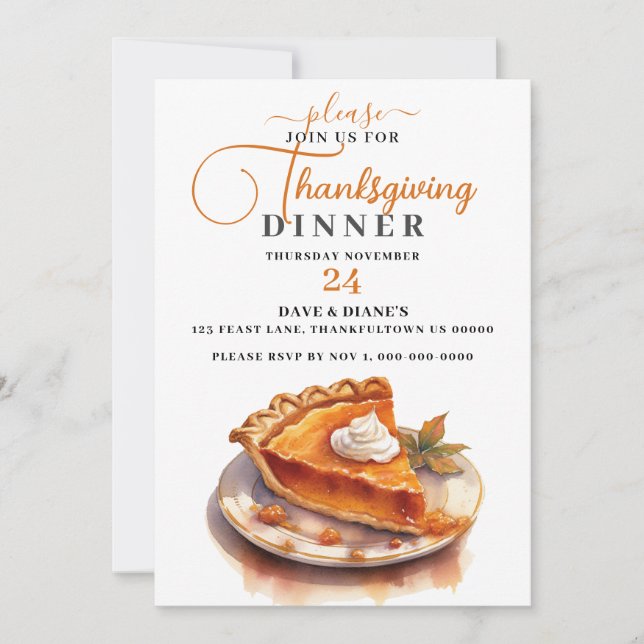 Invitation Dîner Thanksgiving traditionnel à tarte Citrouille (Devant)