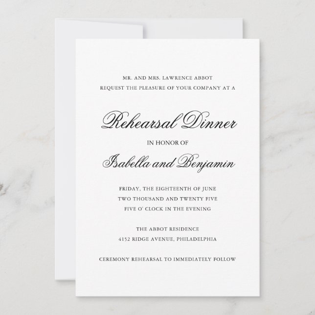 Invitation Dîner traditionnel de répétition noir et blanc (Devant)