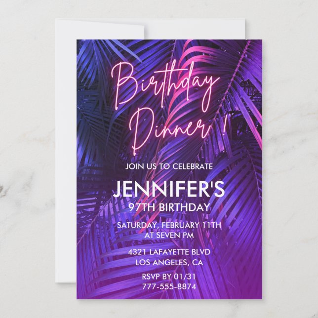 Invitation Dîner tropical rose Neon 97e anniversaire (Devant)