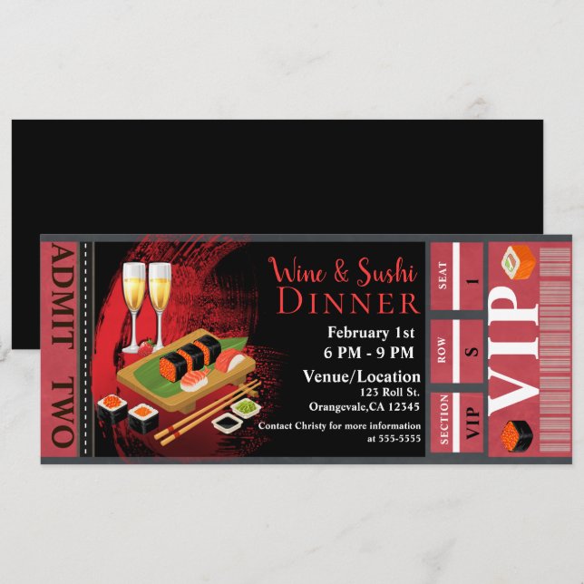Invitation Dîner Vin & Sushi Déjeuner VIP Event Party TIcket (Devant / Derrière)