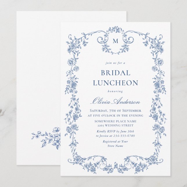 Invitation DÎNER VITALE Orné Grace Dusty Bleu BRIDAL (Devant / Derrière)